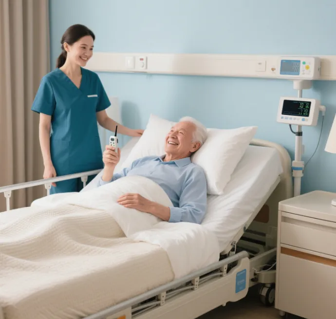 On the electric medical bed, holding a wireless remote control in hand